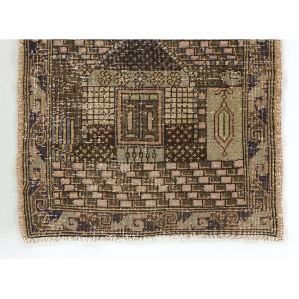 Vintage Handmade Anatolian Prayer Rug from Sille depicting a mosque decorated with Ramadan candle lights