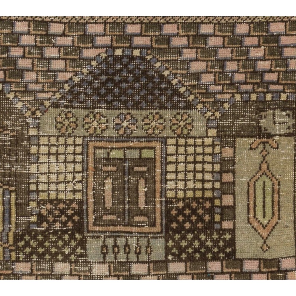 Vintage Handmade Anatolian Prayer Rug from Sille depicting a mosque decorated with Ramadan candle lights