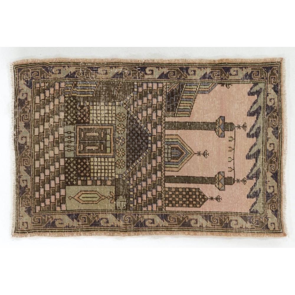 Vintage Handmade Anatolian Prayer Rug from Sille depicting a mosque decorated with Ramadan candle lights