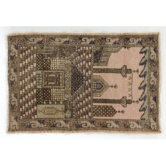 Vintage Central Anatolian Prayer Rug from Sille depicting a mosque decorated with Ramadan candle lights