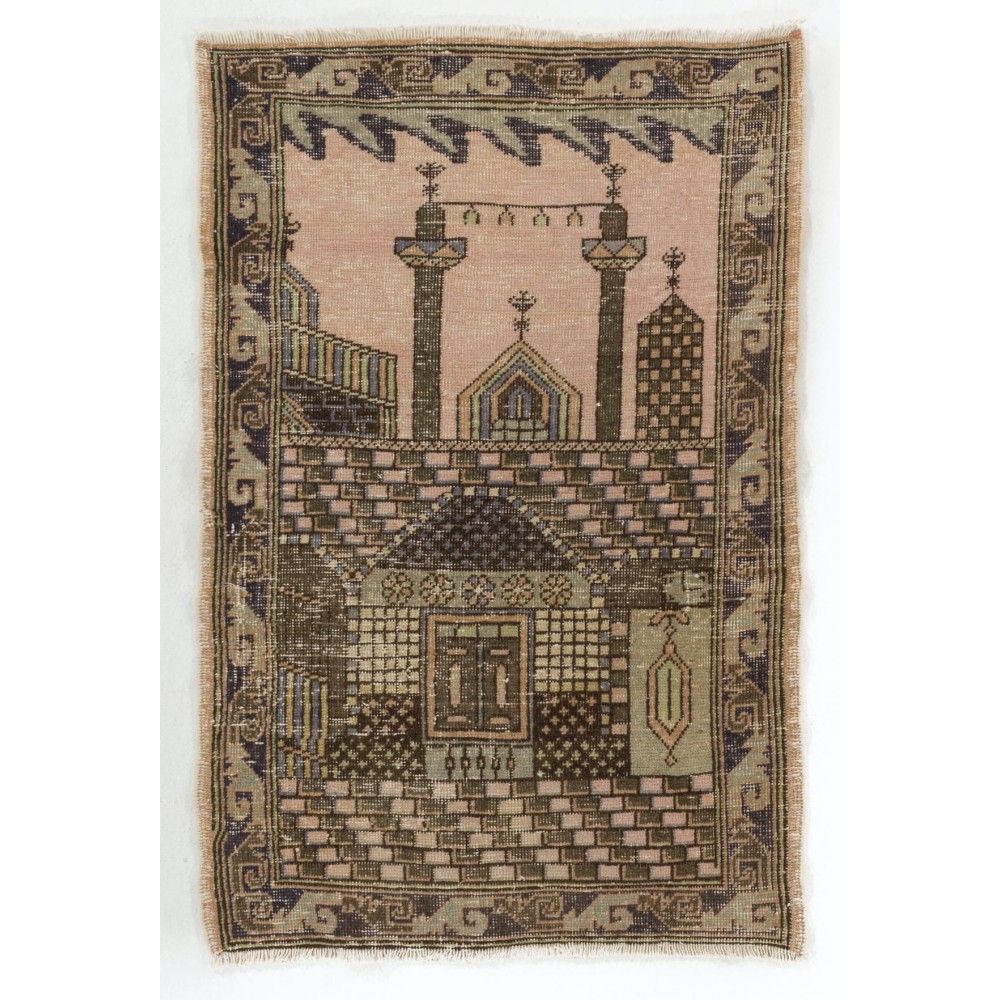 Vintage Handmade Anatolian Prayer Rug from Sille depicting a mosque decorated with Ramadan candle lights