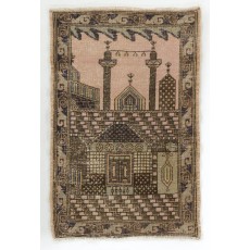 Vintage Handmade Anatolian Sille Prayer Rug with Mosque and Ramadan Lights