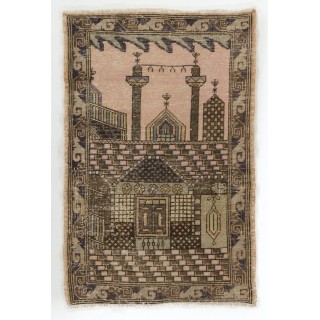 Vintage Handmade Anatolian Prayer Rug from Sille depicting a mosque decorated with Ramadan candle lights