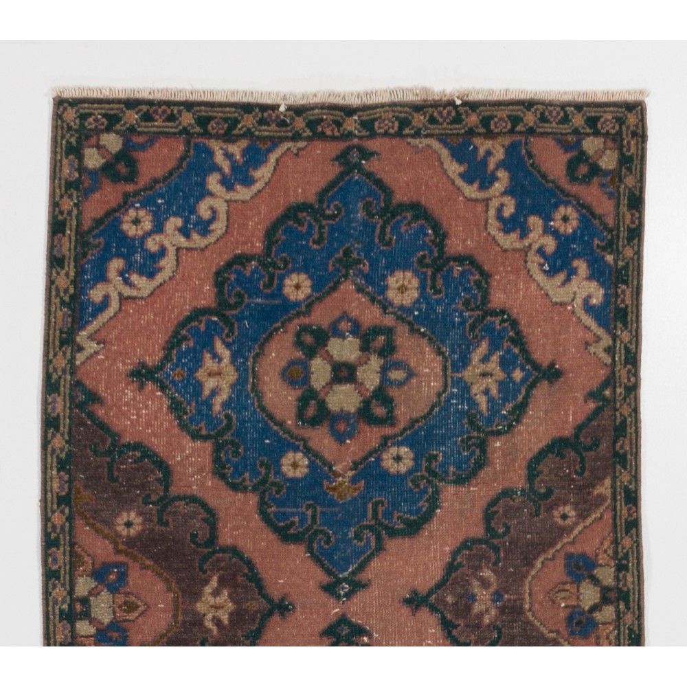 Hand-Knotted Runner Rug with Floral Medallions in Dusty Rose, Blue and Brown. Kitchen Rug. Vintage Stair Rug Hand-Knotted Runner Rug with Floral Medallions in Dusty Rose, Blue and Brown. Kitchen Rug. Vintage Stair Rug