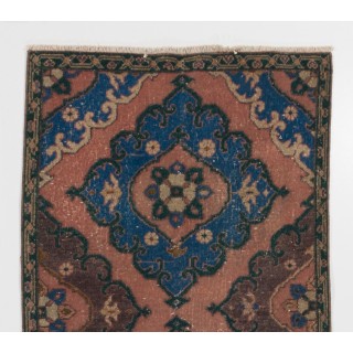 Hand-Knotted Runner Rug with Floral Medallions in Dusty Rose, Blue and Brown. Kitchen Rug. Vintage Stair Rug