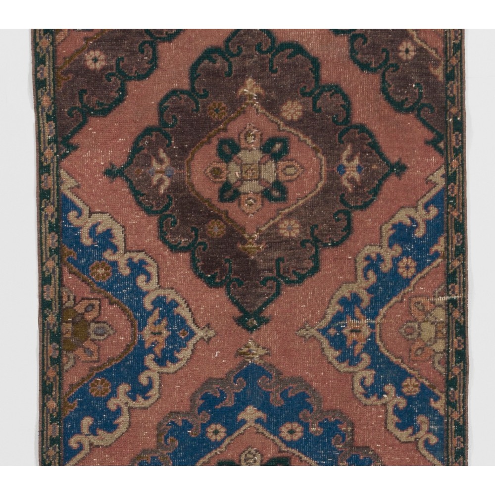 Hand-Knotted Runner Rug with Floral Medallions in Dusty Rose, Blue and Brown. Kitchen Rug. Vintage Stair Rug Hand-Knotted Runner Rug with Floral Medallions in Dusty Rose, Blue and Brown. Kitchen Rug. Vintage Stair Rug