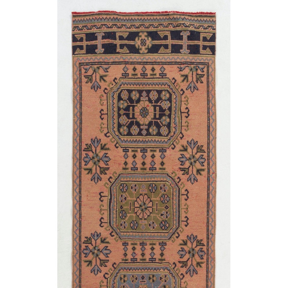 Vintage Handmade Turkish Runner. Unique Wool Hallway Carpet