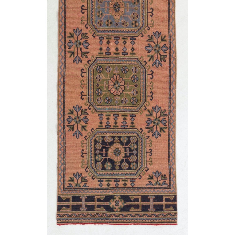 Vintage Handmade Turkish Runner. Unique Wool Hallway Carpet