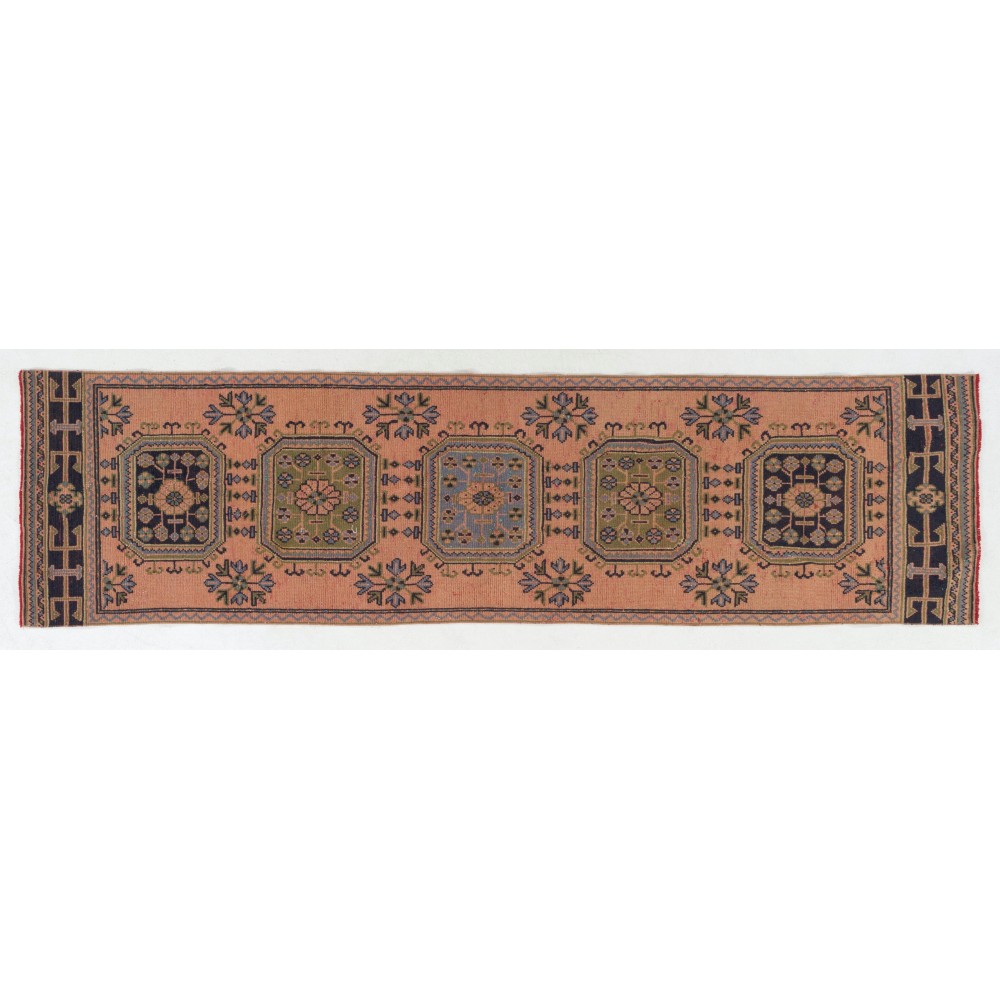 Vintage Handmade Turkish Runner. Unique Wool Hallway Carpet