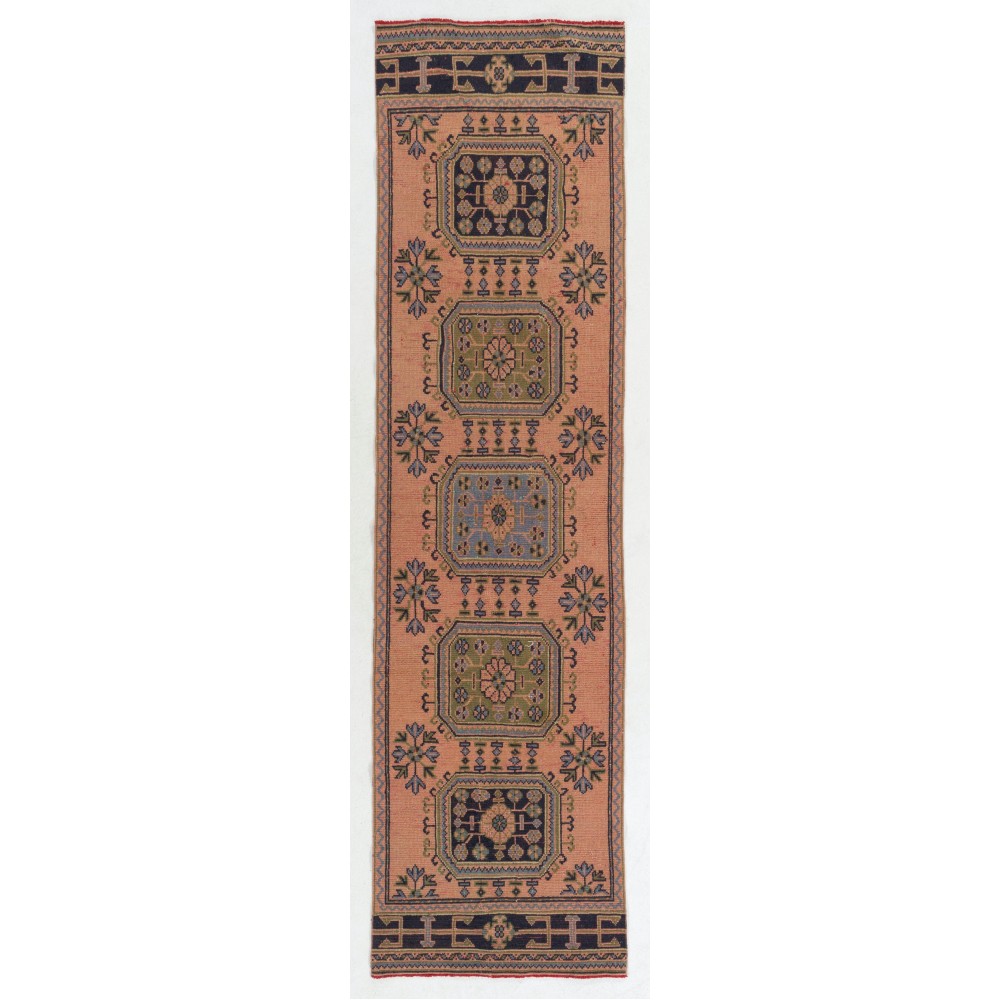 Vintage Handmade Turkish Runner. Unique Wool Hallway Carpet