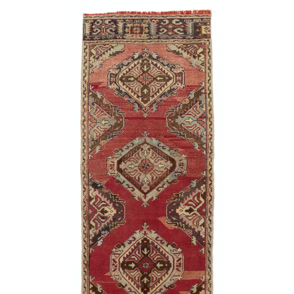 Vintage Handmade Oushak Runner Rug in Brick Red Color. Hand-knotted Wool Rug for Hallway