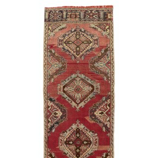 Vintage Handmade Oushak Runner Rug in Brick Red Color. Hand-knotted Wool Rug for Hallway