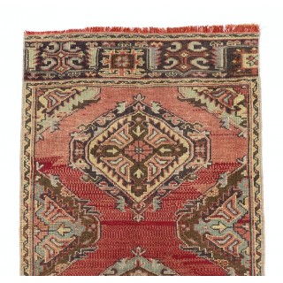 Vintage Hand-Knotted Oushak Runner Rug in Brick Red, Wool Hallway Rug