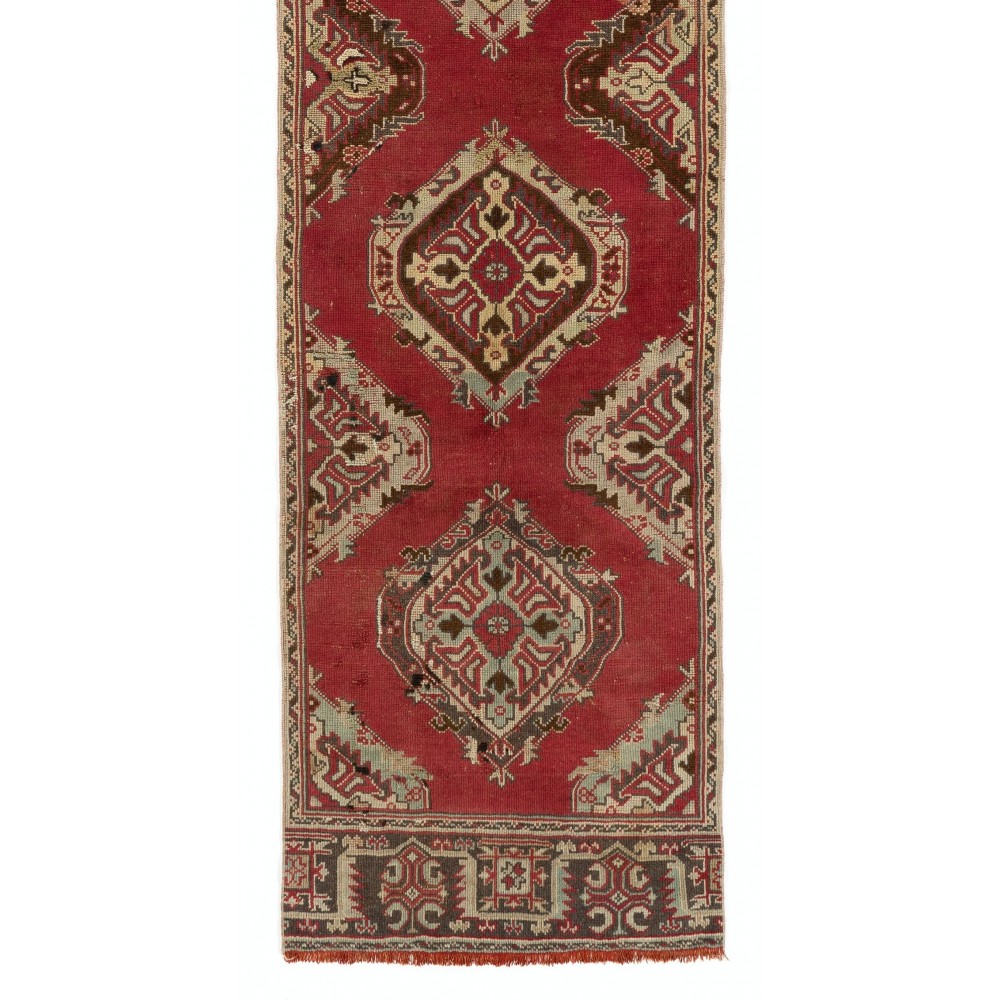 Vintage Handmade Oushak Runner Rug in Brick Red Color. Hand-knotted Wool Rug for Hallway