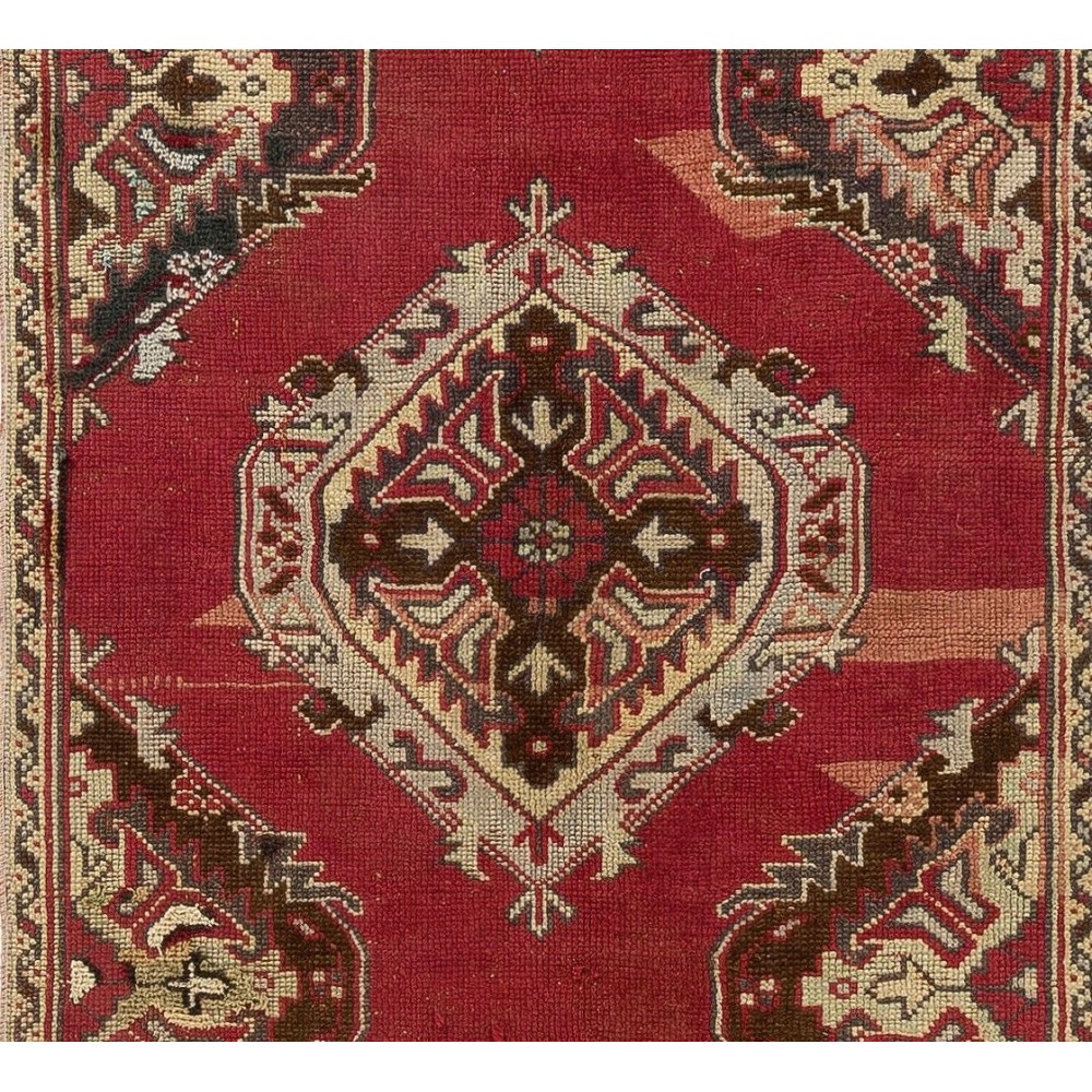 Vintage Handmade Oushak Runner Rug in Brick Red Color. Hand-knotted Wool Rug for Hallway