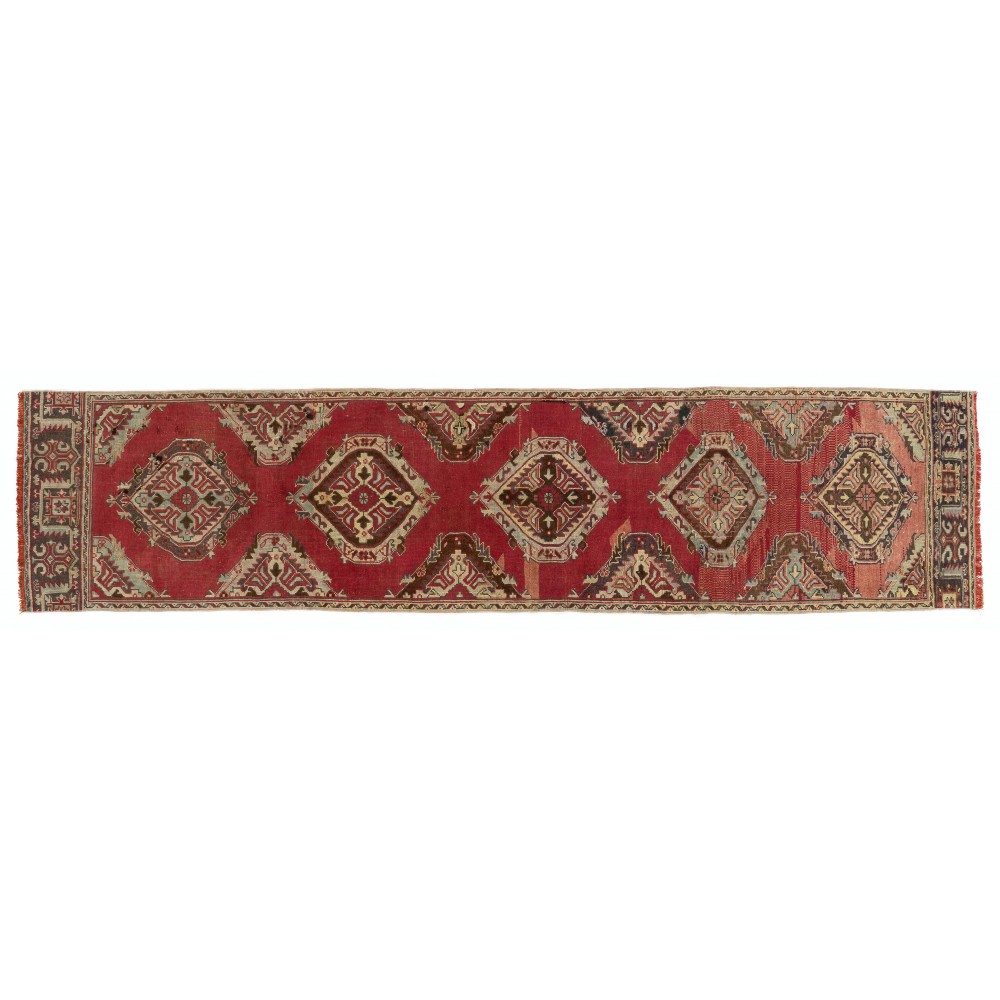 Vintage Handmade Oushak Runner Rug in Brick Red Color. Hand-knotted Wool Rug for Hallway