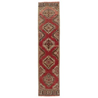 Vintage Handmade Oushak Runner Rug in Brick Red Color. Hand-knotted Wool Rug for Hallway