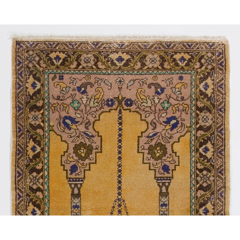 Vintage Handmade Turkish Prayer Rug depicting a Chandelier, Couple of Columns and Flowers