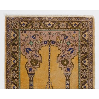 Vintage Handmade Turkish Prayer Rug depicting a Chandelier, Couple of Columns and Flowers