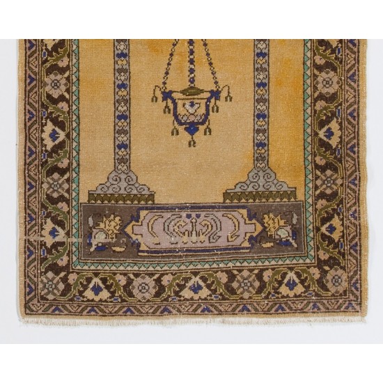 Vintage Turkish Prayer Rug depicting a Chandelier, Couple of Columns and Flowers