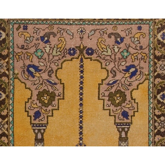 Vintage Turkish Prayer Rug depicting a Chandelier, Couple of Columns and Flowers