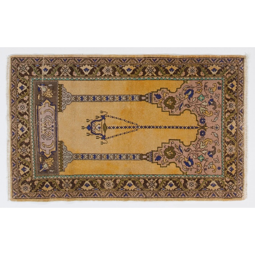 Vintage Handmade Turkish Prayer Rug depicting a Chandelier, Couple of Columns and Flowers