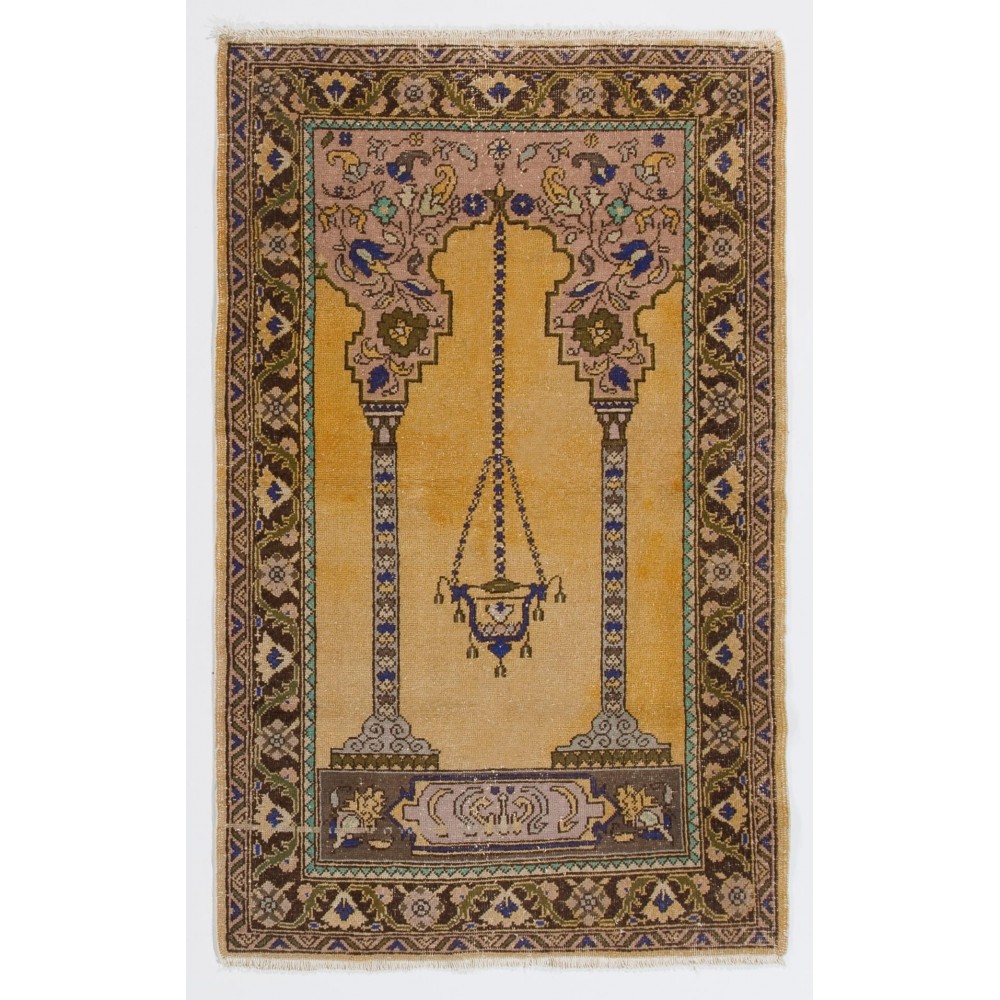 Vintage Handmade Turkish Prayer Rug depicting a Chandelier, Couple of Columns and Flowers