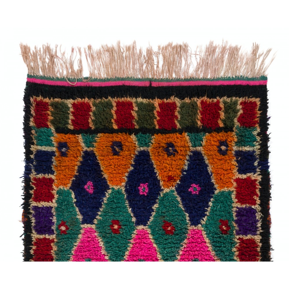 Multicolor Handmade Tulu Rug Made of Wool. Vintage Bohemian Eclectic Style Accent Rug
