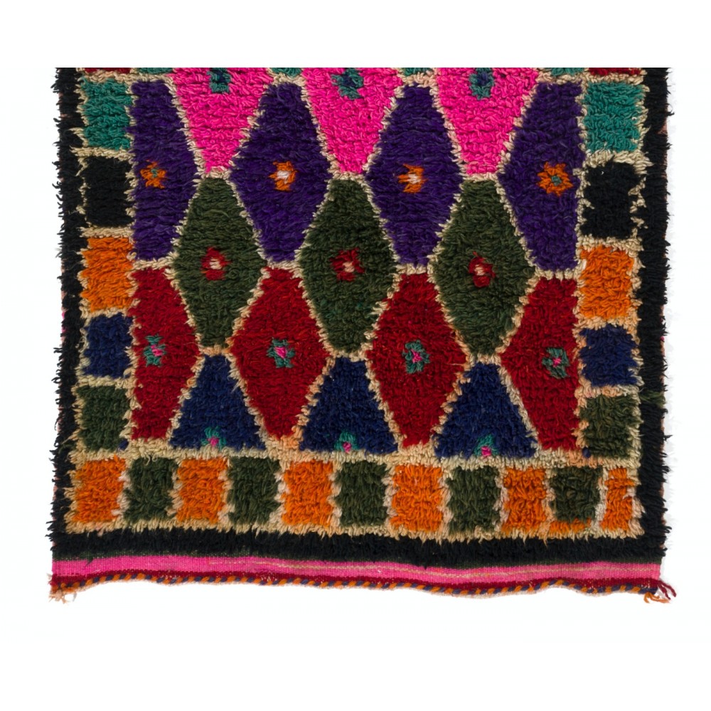Multicolor Handmade Tulu Rug Made of Wool. Vintage Bohemian Eclectic Style Accent Rug