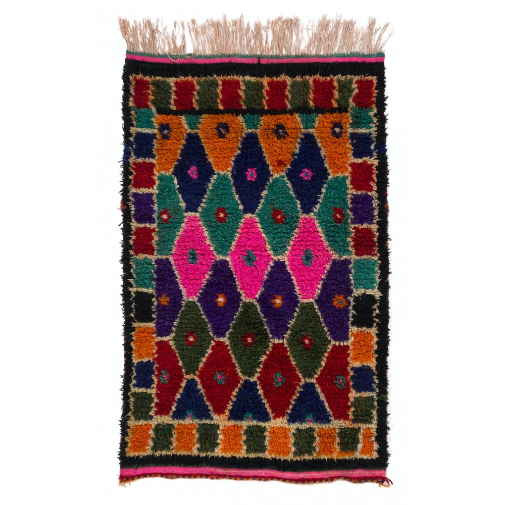 Multicolor Handmade Tulu Rug Made of Wool. Vintage Bohemian Eclectic Style Accent Rug