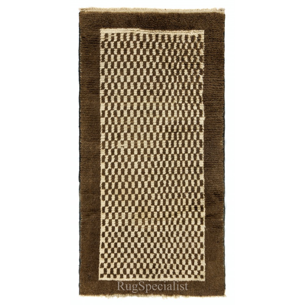 Hand-knotted Checkered Tulu Rug Made of Beige and Brown Wool. Custom Options Available