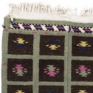Vintage Hand-Knotted Turkish Tulu Rug with Checkered Geometric Design in Brown, Sage Green, Pink and Yellow. 100% Wool Vintage Hand-Knotted Turkish Tulu Rug with Checkered Geometric Design in Brown, Sage Green, Pink and Yellow. 100% Wool