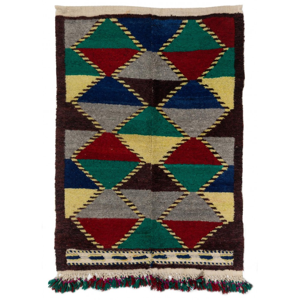 One of a Kind Colorful Vintage Handmade Turkish Tulu Rug with Geometric Design