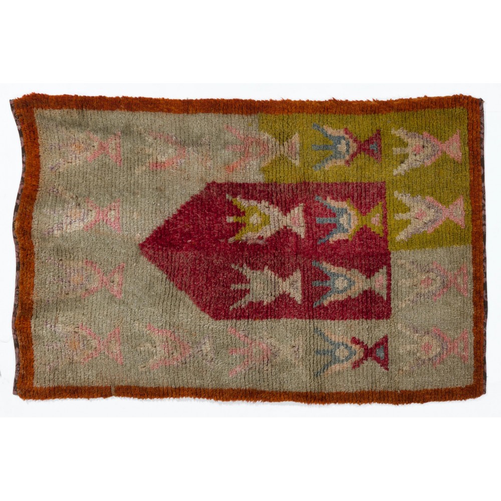 Unusual Vintage Handmade Turkish Tulu Rug with Trophies, One of a kind Prayer Rug