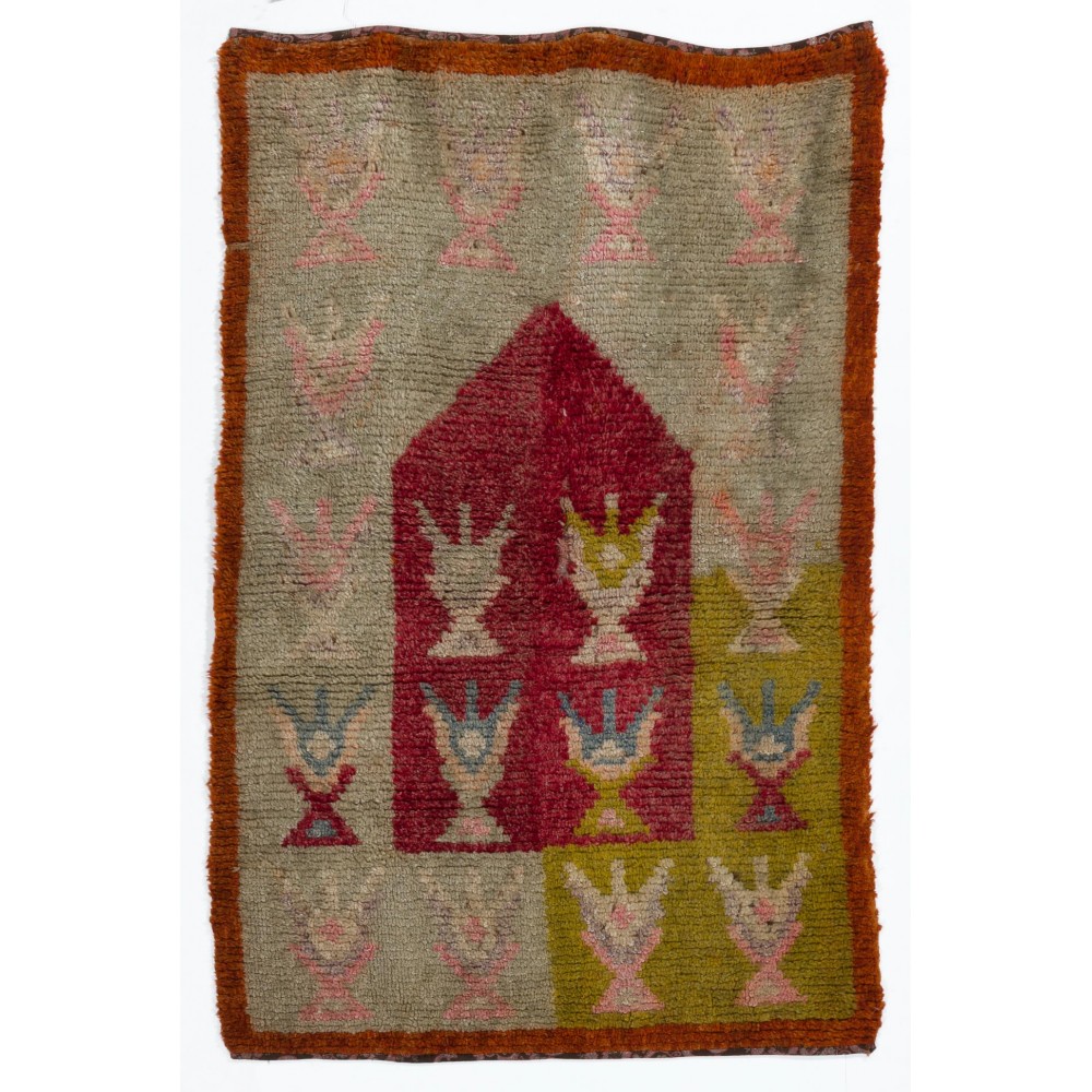 Unusual Vintage Handmade Turkish Tulu Rug with Trophies, One of a kind Prayer Rug