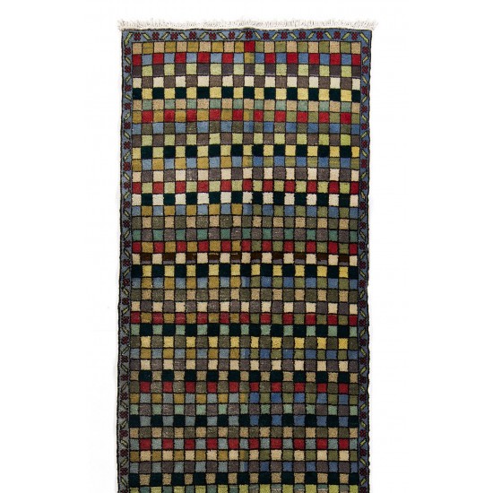 Checkered Mid-Century Modern Turkish Runner Rug. 100% Wool. Natural Dyes. 