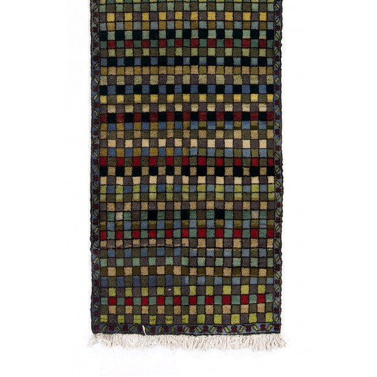 Checkered Mid-Century Modern Turkish Runner Rug. 100% Wool. Natural Dyes. 