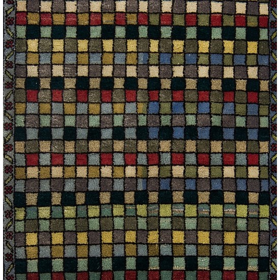 Checkered Mid-Century Modern Turkish Runner Rug. 100% Wool. Natural Dyes. 