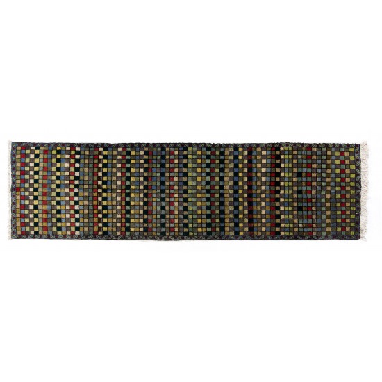 Checkered Mid-Century Modern Turkish Runner Rug. 100% Wool. Natural Dyes. 