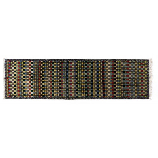 Checkered Mid-Century Modern Turkish Runner Rug. 100% Wool. Natural Dyes. Checkered Mid-Century Modern Turkish Runner Rug. 100% Wool. Natural Dyes.