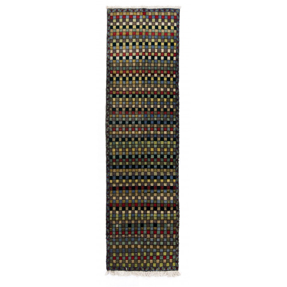 Checkered Mid-Century Modern Turkish Runner Rug. 100% Wool. Natural Dyes. 