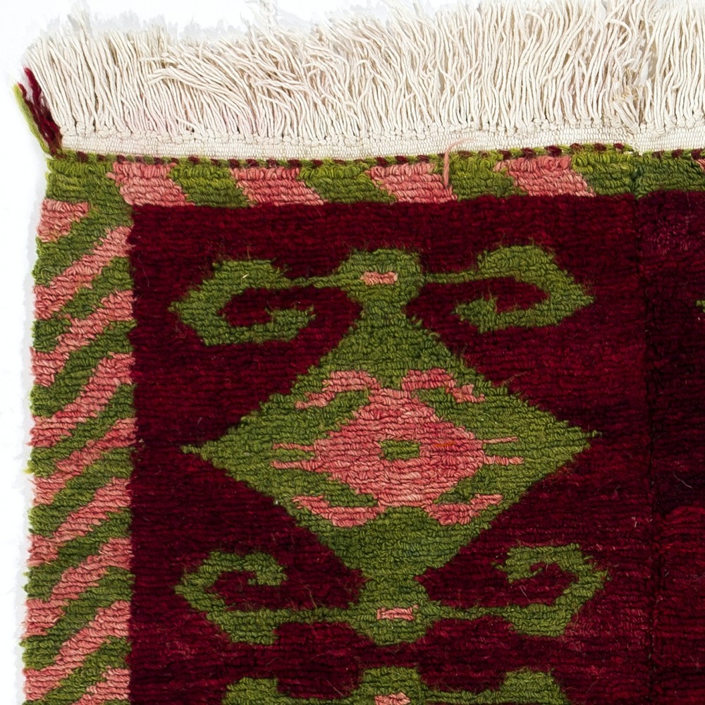 Vintage Hand-Knotted Turkish Tulu Rug with Geometric Hooked Motifs in Burgundy, Green and Pink, 100% Wool Vintage Hand-Knotted Turkish Tulu Rug with Geometric Hooked Motifs in Burgundy, Green and Pink, 100% Wool