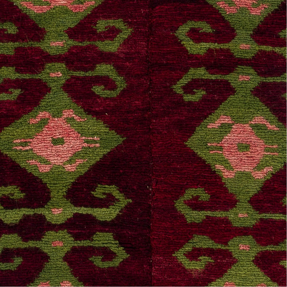 Vintage Hand-Knotted Turkish Tulu Rug with Geometric Hooked Motifs in Burgundy, Green and Pink, 100% Wool Vintage Hand-Knotted Turkish Tulu Rug with Geometric Hooked Motifs in Burgundy, Green and Pink, 100% Wool