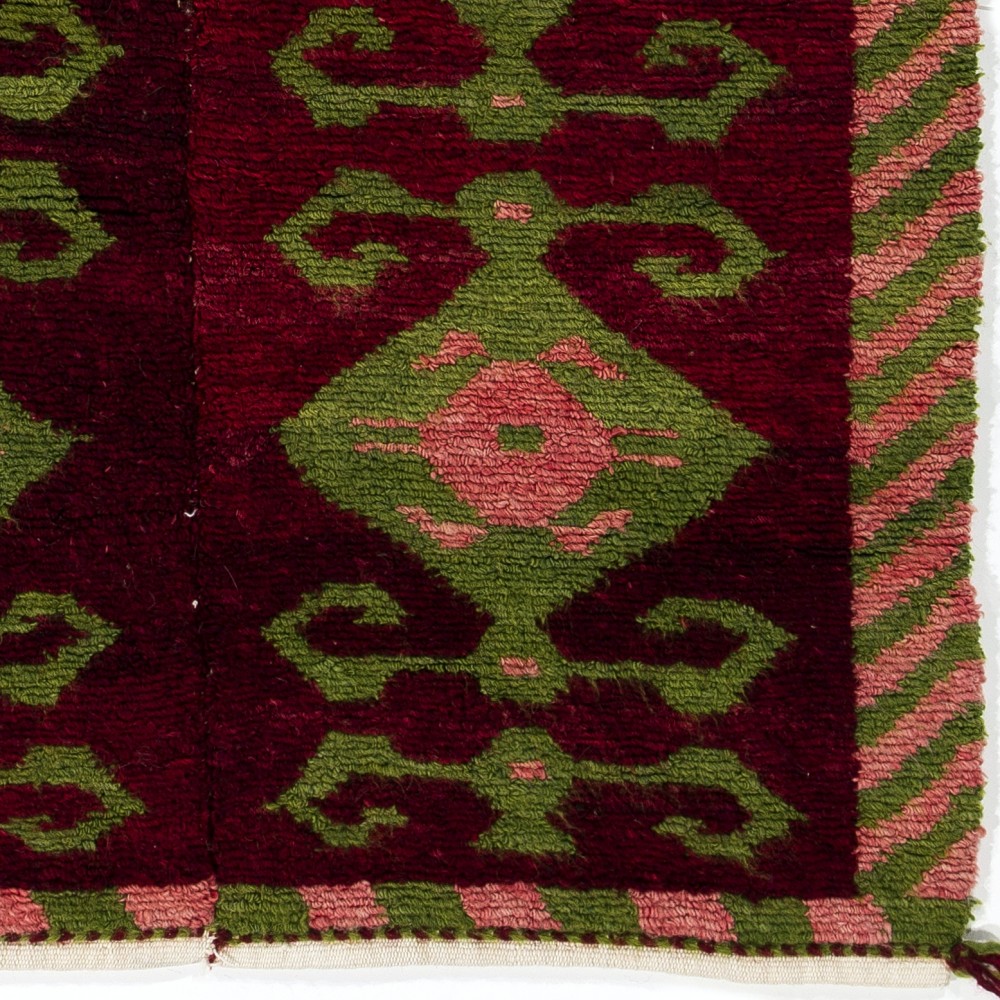 Vintage Hand-Knotted Turkish Tulu Rug with Geometric Hooked Motifs in Burgundy, Green and Pink, 100% Wool Vintage Hand-Knotted Turkish Tulu Rug with Geometric Hooked Motifs in Burgundy, Green and Pink, 100% Wool