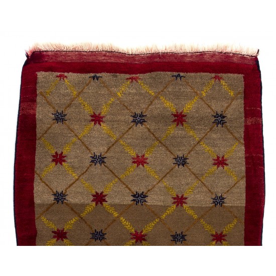 Camel Wool Karapinar Rug with Lattice Design