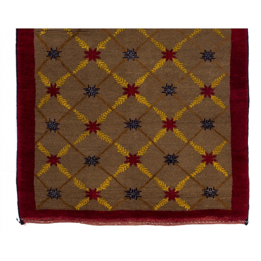 Camel Wool Vintage Handmade Turkish Karapinar Rug with Lattice Design