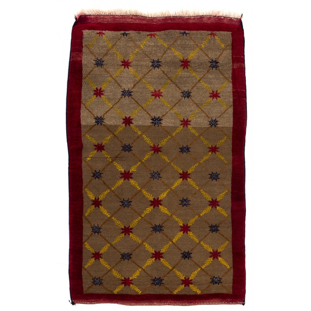 Camel Wool Vintage Handmade Turkish Karapinar Rug with Lattice Design