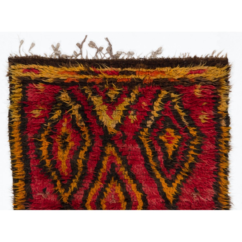 Funky One-of-a-Kind Vintage Handmade Tulu Rug, Made of Red, Orange, Brown Wool