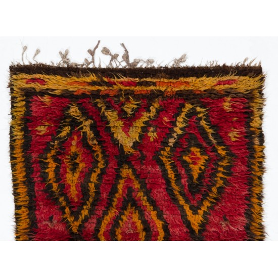 Funky One-of-a-Kind Vintage Tulu Rug, Made of Red, Orange, Brown Wool