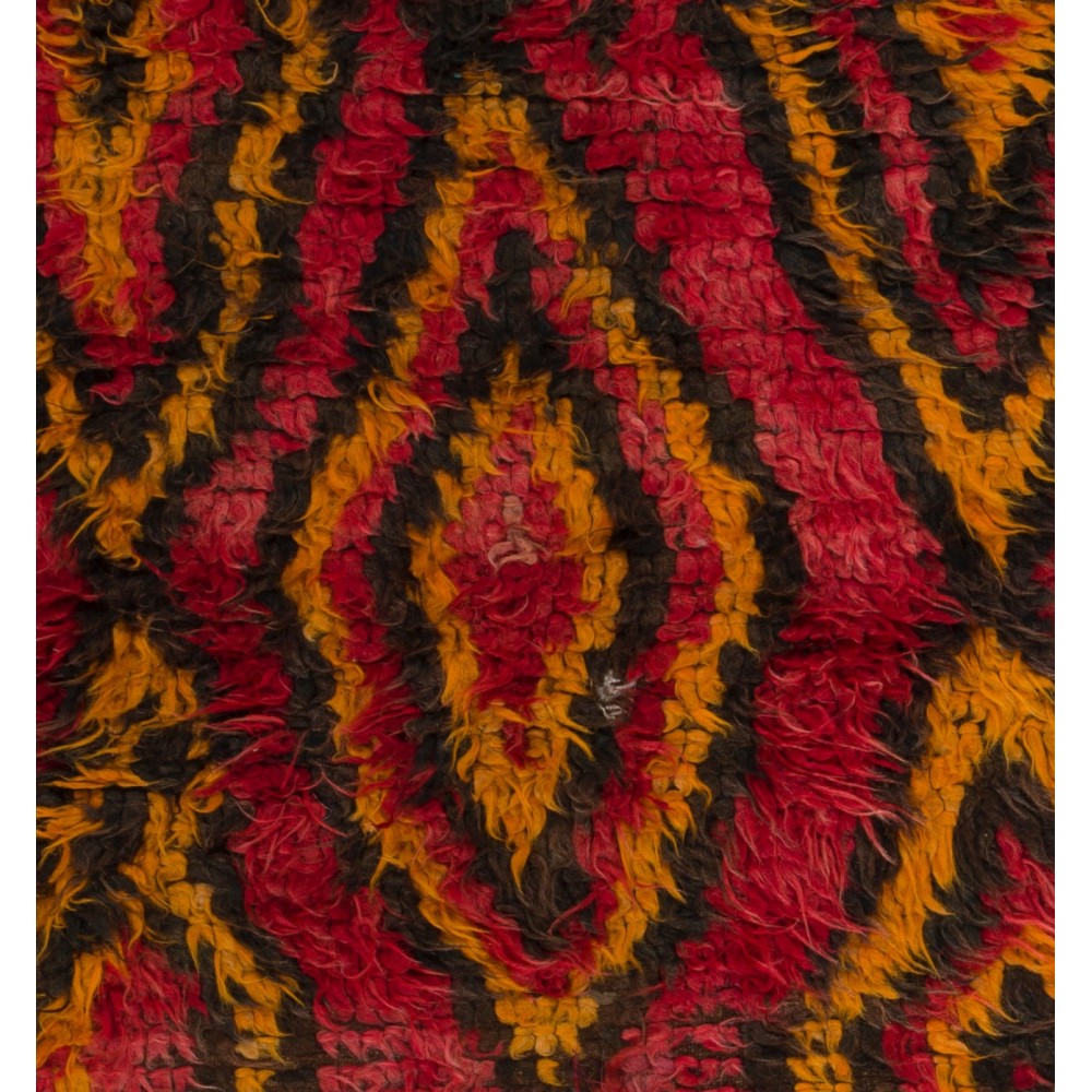 Funky One-of-a-Kind Vintage Handmade Tulu Rug, Made of Red, Orange, Brown Wool
